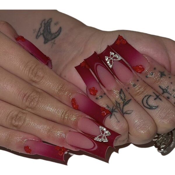 Wholesale European and American blood red French long tubing nail art patch butterfly accessories diamond removable foreign trade fake nails 24 pieces