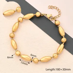 Glossy Length Rice Bead & Ball Bracelet (Gold) / 13x6mm & 6mm (String Length: 180+30mm) / 1 Strand/Package