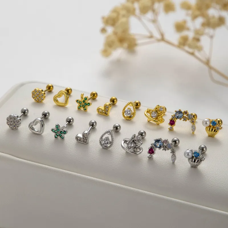 Wholesale 1 Piece 316L Stainless Steel Copper Pearl Zircon Ear Cartilage Rings & Studs Leaves Water Droplets Heart Shape Waterproof Non Tarnish Su