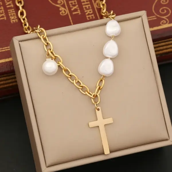 Wholesale Baroque Style Irregular Cross Heart Shape Stainless Steel Imitation Pearl Plating 18K Gold Plated Necklace