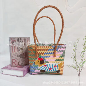Gray color shoulder basket with striped dachshund