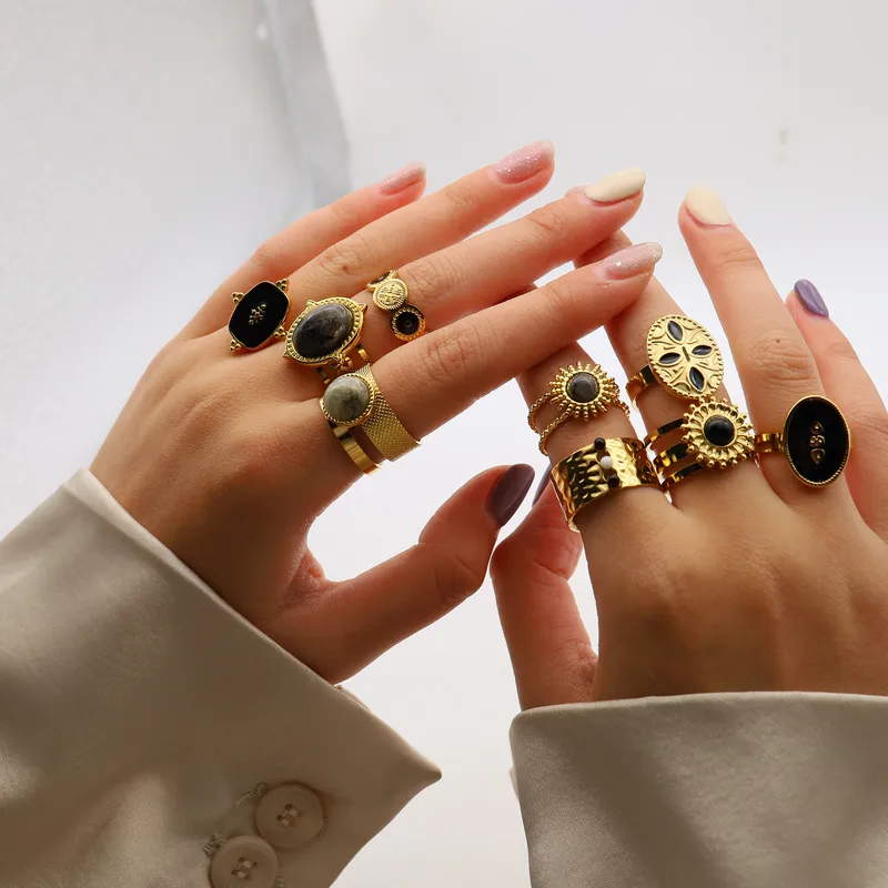 Wholesale PVD Coated 14K Gold Real Gold Plated Geometric 304 Stainless Steel Vintage Style Waterproof Non Tarnish Open Ring