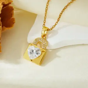 Gold White Diamond Lock Heart Necklace T021