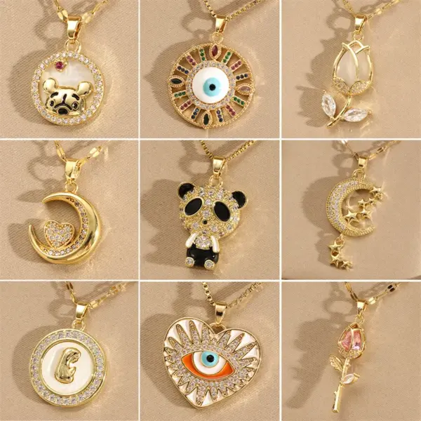 201 Stainless Steel Brass 18K Gold Plated Inlay Panda Eye Flower Zircon Pendant Necklace