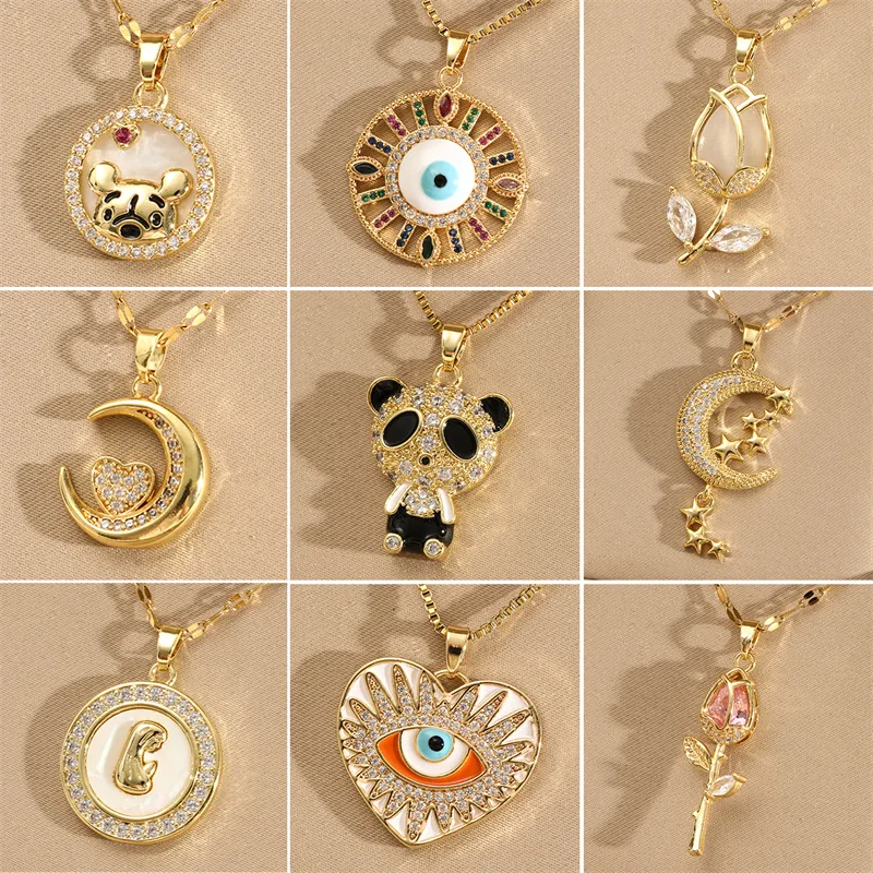 Wholesale 201 Stainless Steel Brass 18K Gold Plated Inlay Panda Eye Flower Zircon Pendant Necklace