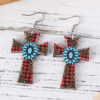 Wholesale Western style leopard plaid turquoise cross wooden double-sided earrings