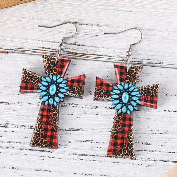 Wholesale Western style leopard plaid turquoise cross wooden double-sided earrings