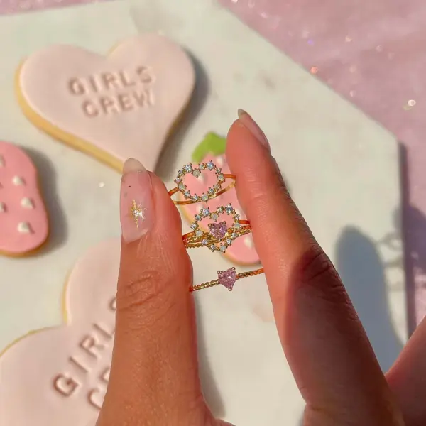 Wholesale Fashion Heart Shape Brass Rings Plating Artificial Rhinestones Copper Rings