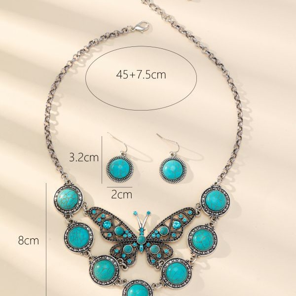 Wholesale Cross-border selling Europe and the United States exaggerated Bohemian vintage turquoise butterfly necklace earrings set jewelry manufacturers