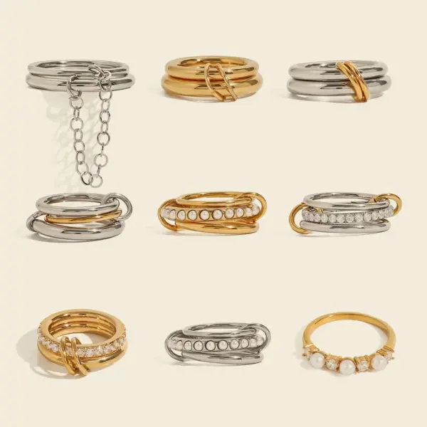 304 Stainless Steel Double Ring PVD Coated Real Gold Plated Elegant Simple Style Waterproof Non Tarnish Layered Mixed Metal Rings