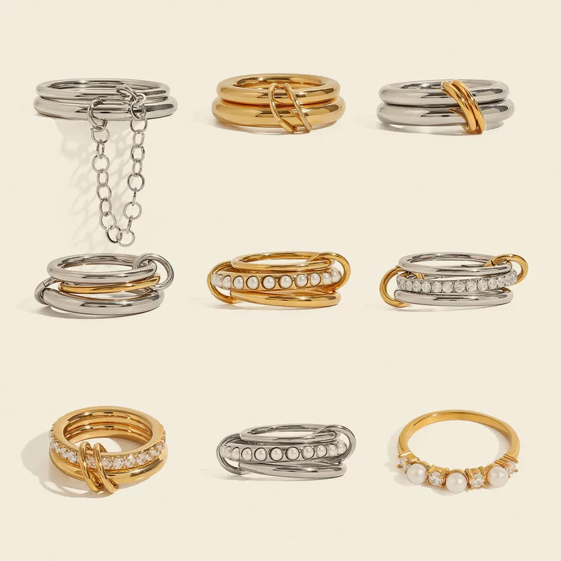 Wholesale 304 Stainless Steel Double Ring PVD Coated Real Gold Plated Elegant Simple Style Waterproof Non Tarnish Layered Mixed Metal Rings