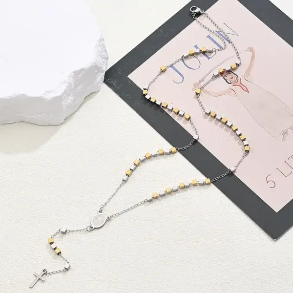 Wholesale Jewelry Casual Vintage Style Classic Style Cross Saint Benedict Square 304 Stainless Steel 18K Gold Plated Beaded Polishing Plating Sweater Chain Long Necklace Necklace