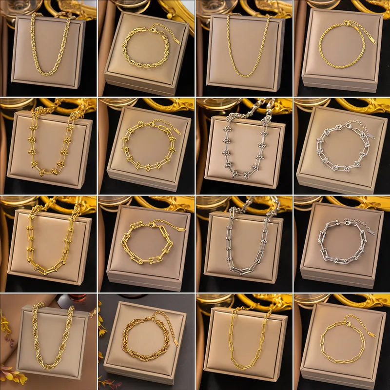 Wholesale PVD Coated Real Gold Plated Geometric Titanium Steel Simple Style Commute Waterproof Non Tarnish Bracelets Necklace
