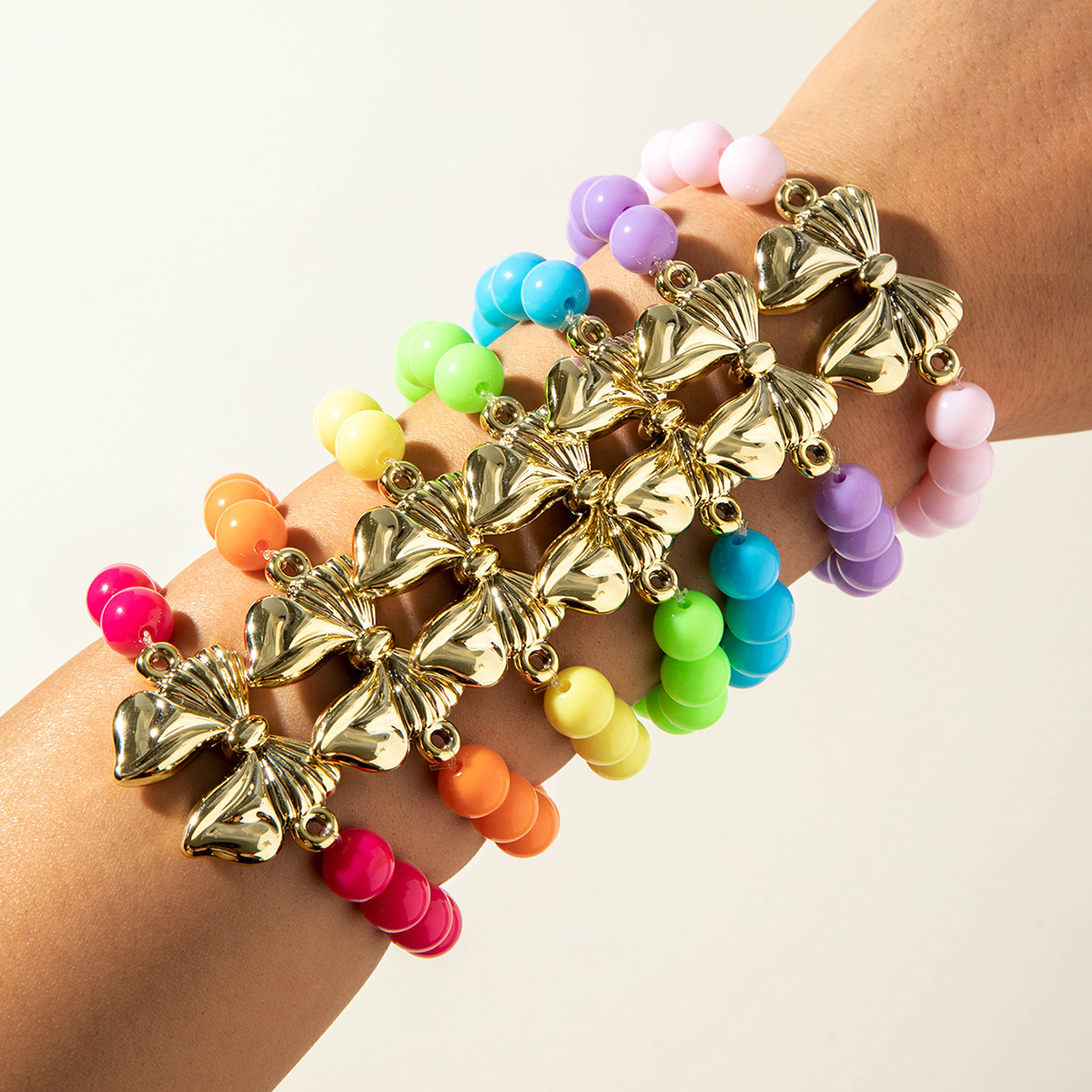 Wholesale European and American Cross-Border Dopamine Colorful Bowknot Acrylic Bracelet for Women, Fashionable Elastic Beaded Bracelet Jewelry