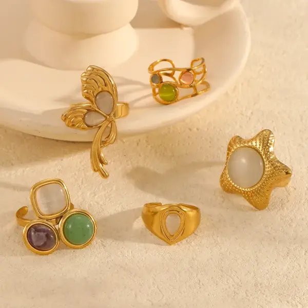 Wholesale PVD Coated Real Gold Plated 18K Pentagram Geometric Butterfly 304 Stainless Steel French Style Waterproof Non Tarnish Open Rings