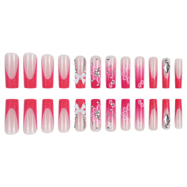 Wholesale Cross-border New Wearable Long Water Pipe Nail Pieces French Pink Broken Diamond Bow Wearing Nail Patch Nail Pieces