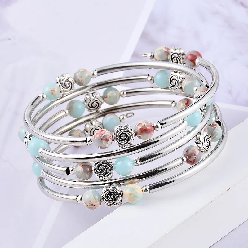 Wholesale Fashion Flower Natural Stone Beaded Layered Bracelets