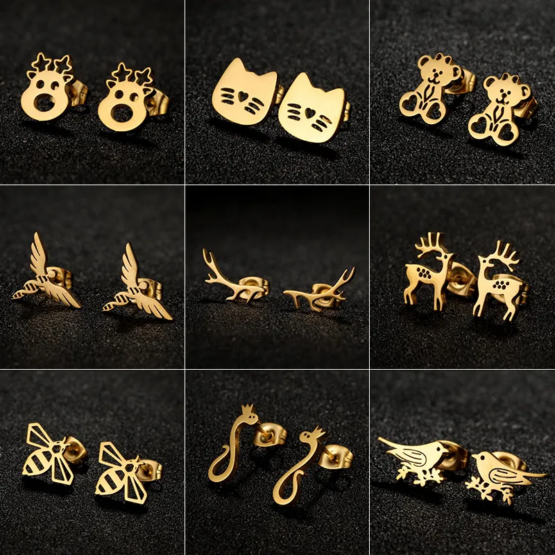 Wholesale PVD Coated 18K Gold Real Gold Plated Animal 304 Stainless Steel Casual Cute Waterproof Non Tarnish Ear Studs