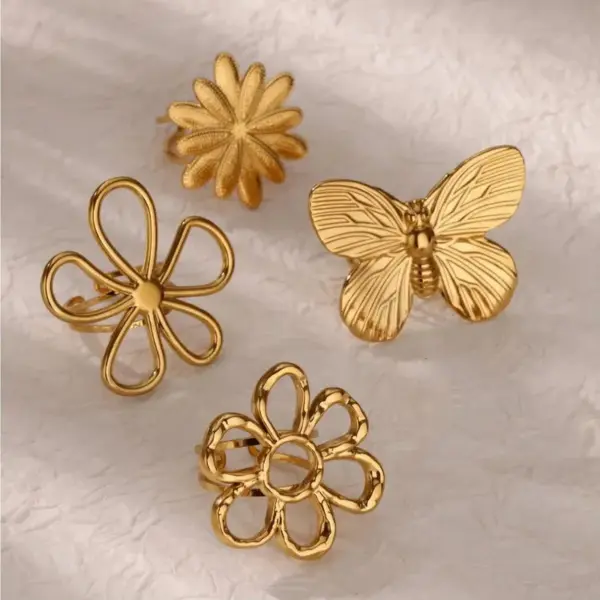 PVD Coated Real Gold Plated 18K Gold Heart Shape Flower Butterfly 304 Stainless Steel Sweet IG Style Waterproof Non Tarnish Rings