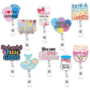 oly-ac0fcdd3bcb8e61cb048c6caacd8045b Wholesale Medical Acrylic Glitter Footprint Baby C Bottle Telescopic Easy Pull Buckle Rotating Easy Pull Nurse Badge Clip