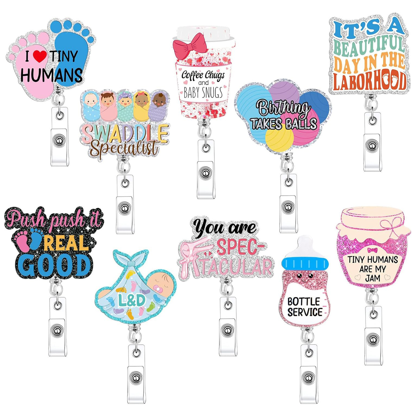 Wholesale Medical Acrylic Glitter Footprint Baby C Bottle Telescopic Easy Pull Buckle Rotating Easy Pull Nurse Badge Clip