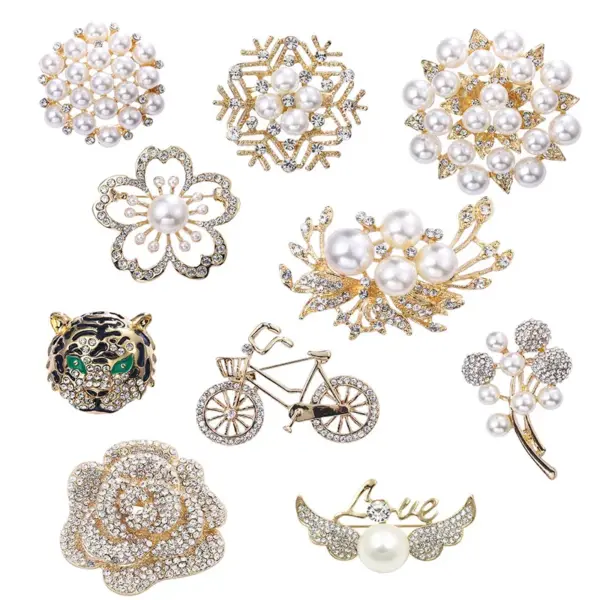 Wholesale Elegant Pin Bicycle Flower Snowflake Imitation Pearl Alloy Inlay Rhinestones Women'S Brooches