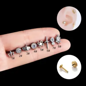 Wholesale 1 Piece Lip Rings Retro Cross Crown Flower Pure Titanium Inlay Zircon