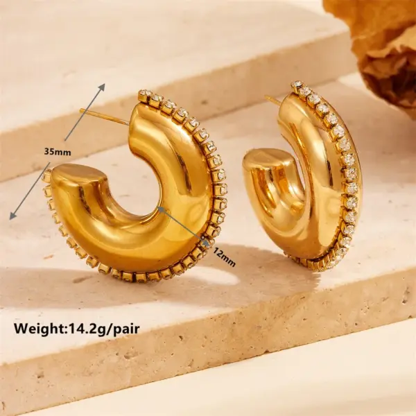 Wholesale 304 Stainless Steel C Shape Water Droplets PVD Coated Artificial Diamond 18K Real Gold Plated 18K Gold Vintage Style Waterproof Non Tarnish Plating Inlay Ear Studs