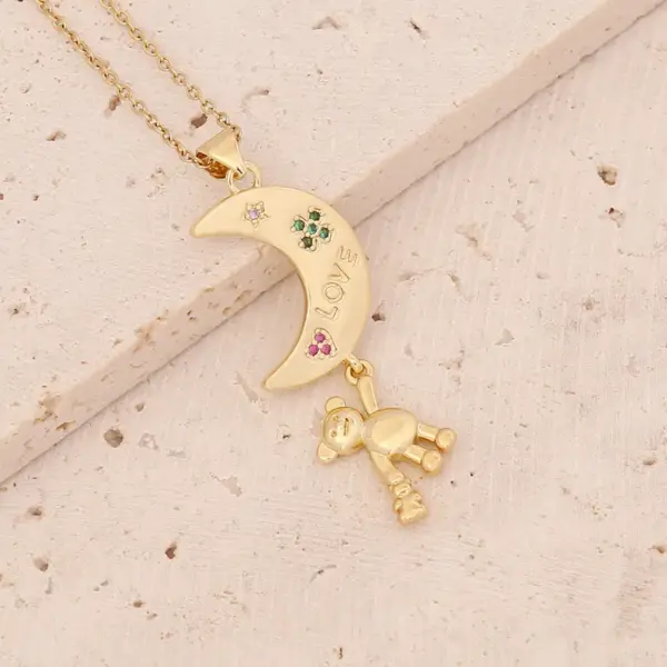 Wholesale Stainless Steel 18K Gold Plated Fashion Inlay Heart Shape Owl Zircon Pendant Necklace