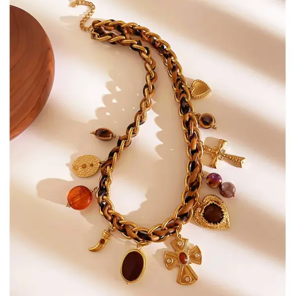 1 Piece Handmade Spliced Chain Stainless Steel Cross Heart Ceramic Multi Pendant 18K Gold Waterproof Color Retention Women's High-end Necklace