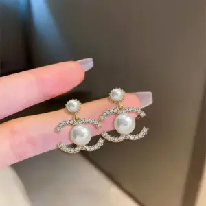 27-Double C Cross Pearl Stud Earrings