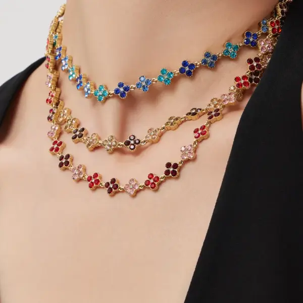 18K Gold Plated 304 Stainless Steel Vacuum Electroplating (In Furnace) Zircon Geometric Pattern (Jewelry) Waterproof Non-Fading CNC Claw Setting Luxurious Chain Bracelet Necklace Jewelry Set For Women