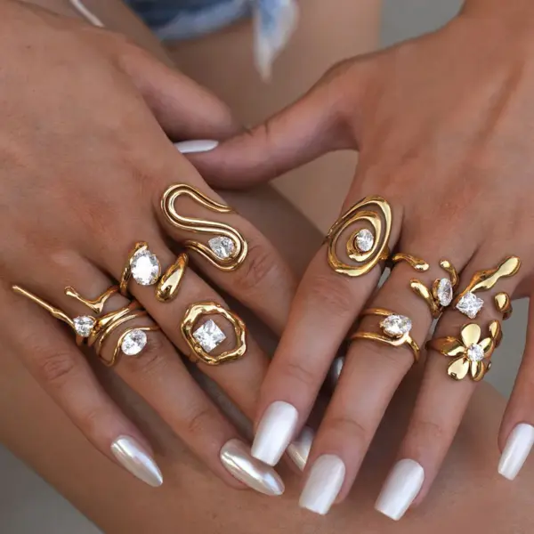 Summer Ladies 18K Gold Plated Stainless Steel Cubic Zirconia Ring Adjustable Size Elegant Luxury Romantic Jewelry Accessories