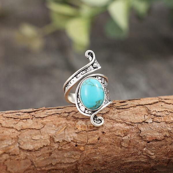 Wholesale Cross-Border New Retro Style Creative Open Inlaid Synthetic Turquoise Fashion Alloy Ring Jewelry