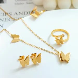 Wholesale PVD Coated Real Gold Plated 18K Gold Butterfly 304 Stainless Steel Elegant Waterproof Non Tarnish Rings Earrings Necklace