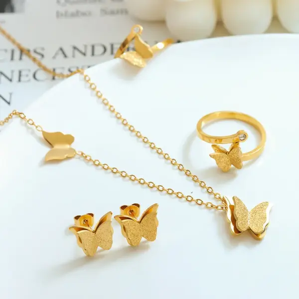 Wholesale PVD Coated Real Gold Plated 18K Gold Butterfly 304 Stainless Steel Elegant Waterproof Non Tarnish Rings Earrings Necklace