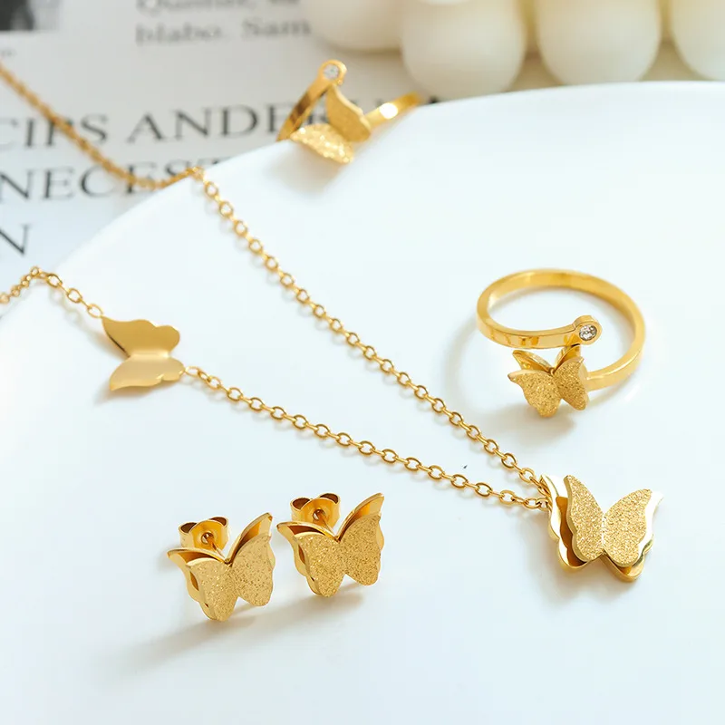 Wholesale PVD Coated Real Gold Plated 18K Gold Butterfly 304 Stainless Steel Elegant Waterproof Non Tarnish Rings Earrings Necklace
