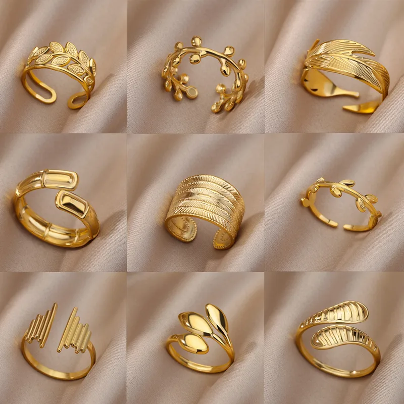 Wholesale PVD Coated Real Gold Plated Leaf Stainless Steel Fashion Waterproof Non Tarnish Open Ring