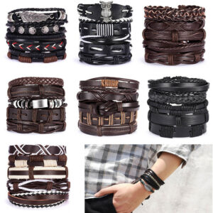 Wholesale leather suit bracelet creative leaves wooden beads woven leather adjustable suit bracelet