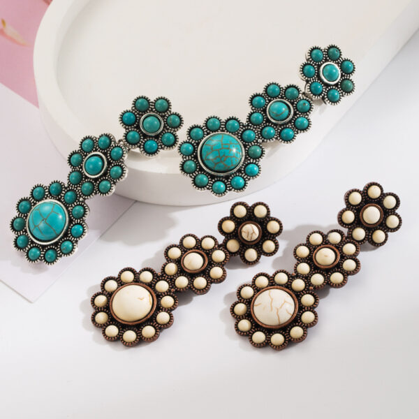 Wholesale Cross-border European and American independent station exaggerated turquoise earrings retro fashion new geometric multi-layer long earrings