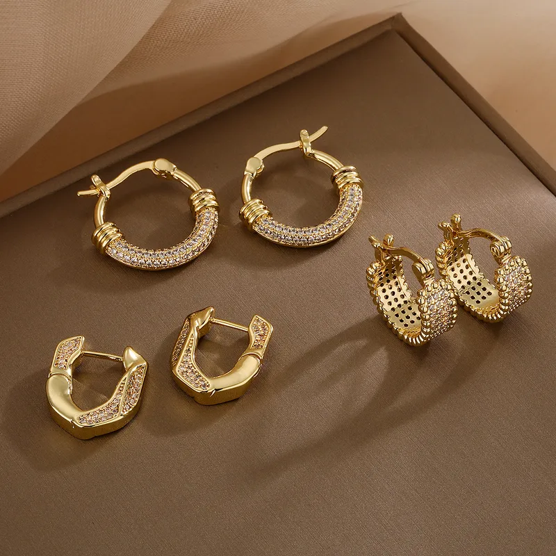 Wholesale Copper Geometric Zircon Korean Style Gold Hoop Earrings