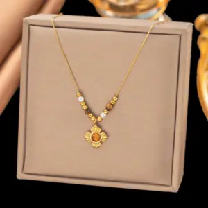 【H405】Tiger Eye Stone Flower Necklace / Gold