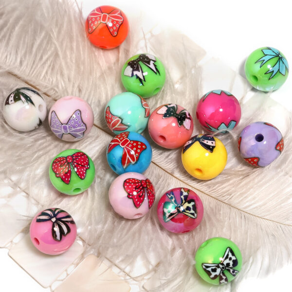 Wholesale Cross-border acrylic sweet bow printing beads diy mobile phone chain beaded pen car hanging accessories loose beads