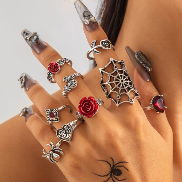 Wholesale Punk style dark heart-shaped inlaid red rose ring set