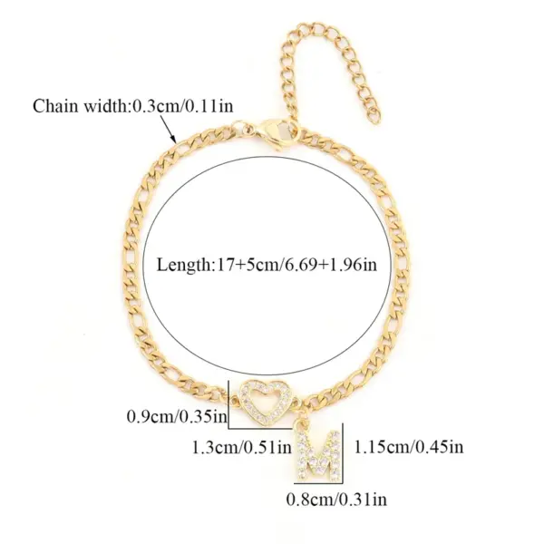 Wholesale 201 Stainless Steel Copper Inlay Letter Heart Shape Zircon Copper Bracelets