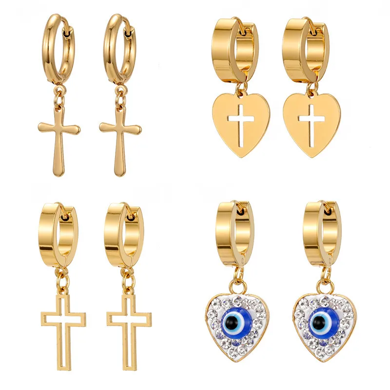 Wholesale 1 Pair Elegant Cross Heart Shape Enamel 201 Stainless Steel Alloy Dangling Earrings