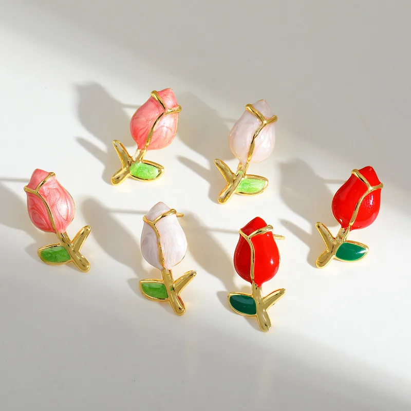 Wholesale Casual Novelty Romantic Tulips Plating Titanium Steel 18K Gold Plated PVD Coated Ear Studs