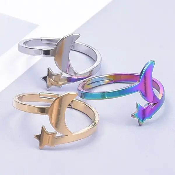 Wholesale PVD Coated Real Gold Plated 18K Gold Star Moon 304 Stainless Steel Casual Waterproof Non Tarnish Open Ring