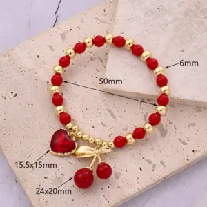 Love & Cherry round Beads Rooms Beads Bracelet (Gold) / Inner Diameter:50mm (Elastic) / 1 Strand/Package