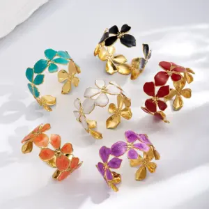Wholesale Bohemian Imitation Gold Plated 304 Stainless Steel Universal Electroplated Colorful Oil Drop Flower Open Bracelet For Women